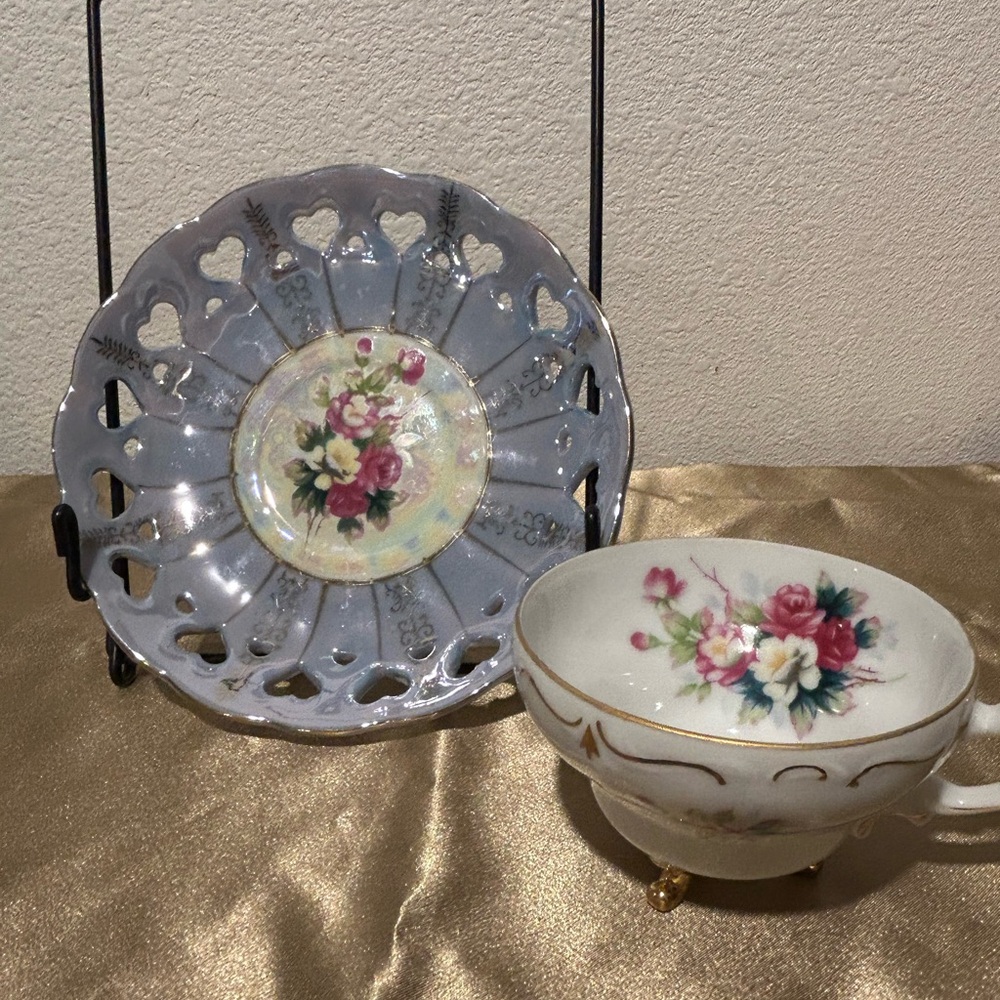 Elegant Floral Footed Teacup and Saucer Set